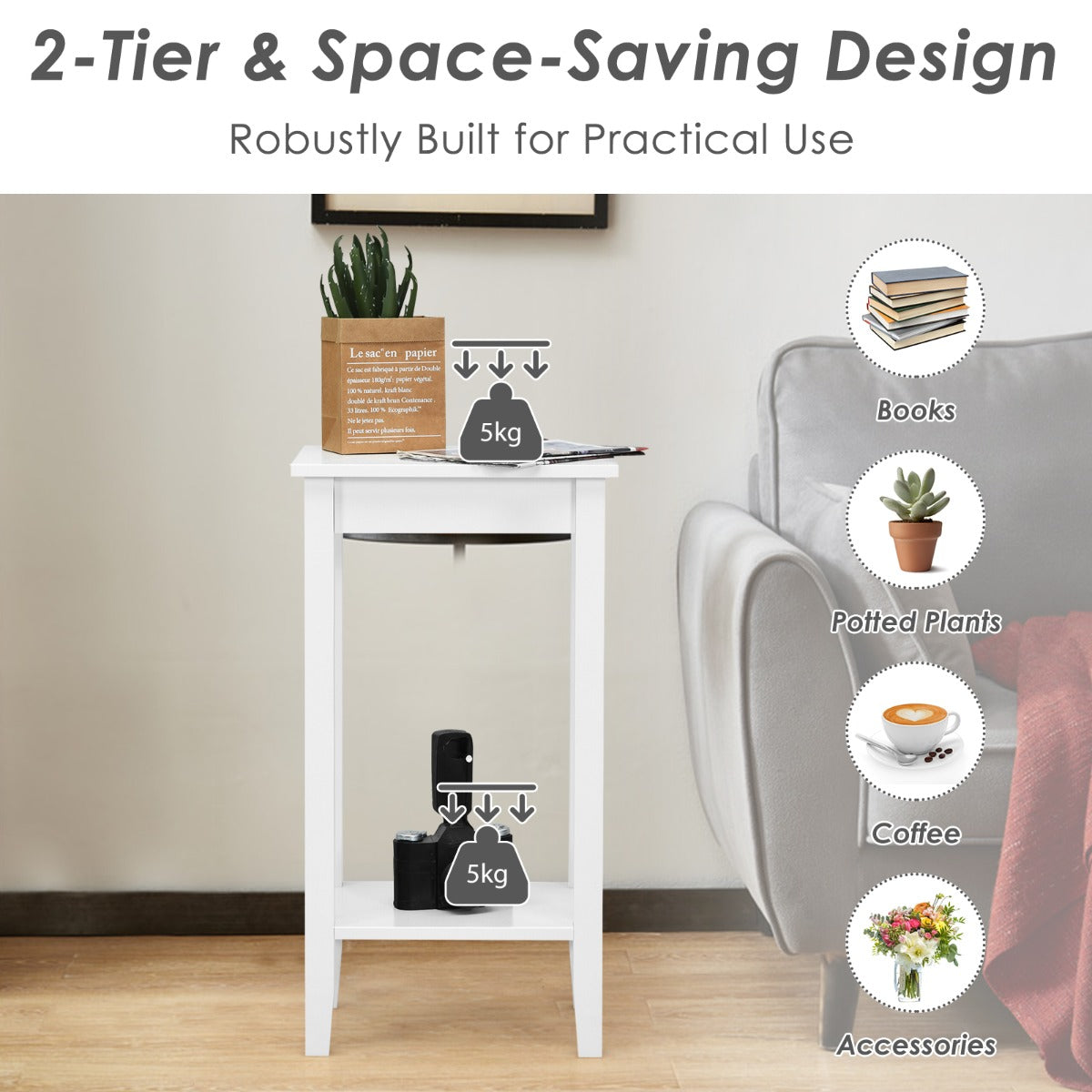 Costway Narrow Sofa Side Table with Storage Shelf for Living Room