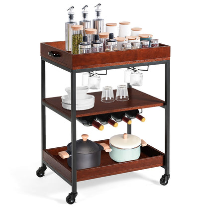 3-Tier Kitchen Island Cart with Wine Rack & Glass Holders & Handle