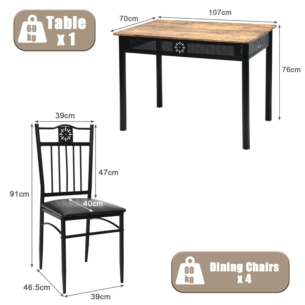 5 Pieces Dining Table Set with 4 Upholstered Chairs for Coffee/Restaurant