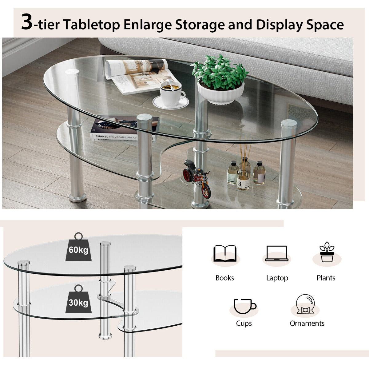 Tempered Glass Coffee Table with Open Storage Shelf-Clear
