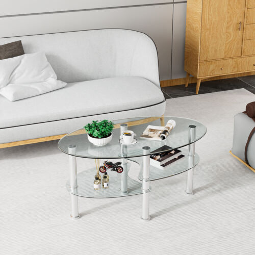 Tempered Glass Coffee Table with Open Storage Shelf-Clear