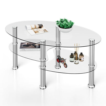 Tempered Glass Coffee Table with Open Storage Shelf-Clear