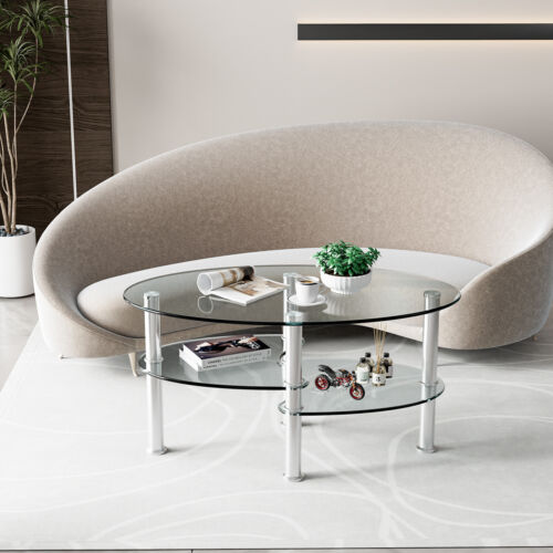 Tempered Glass Coffee Table with Open Storage Shelf-Clear