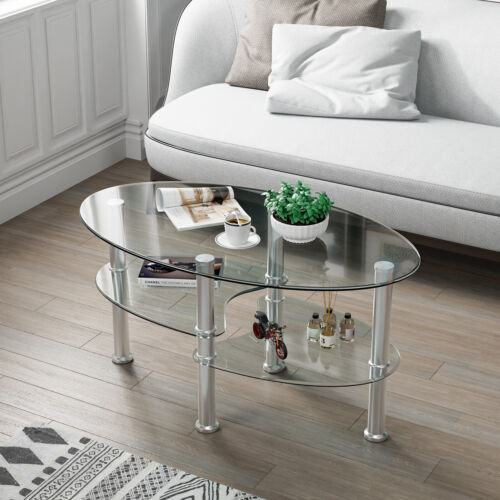 Tempered Glass Coffee Table with Open Storage Shelf-Clear
