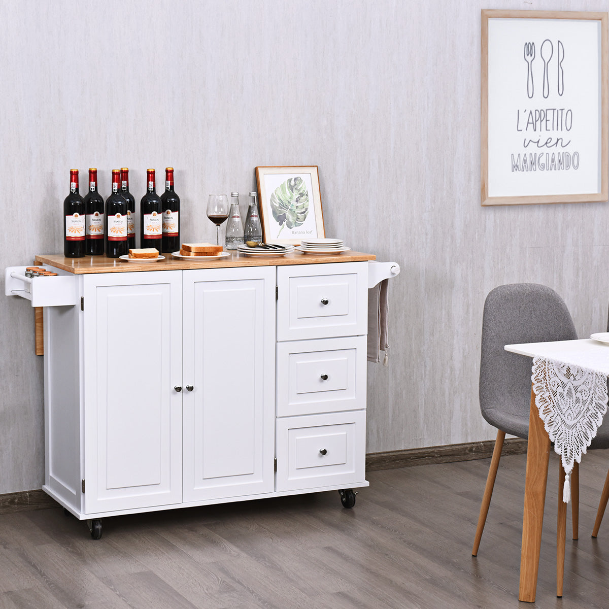 Kitchen Island Trolley with 3 Drawers & Adjustable Shelves