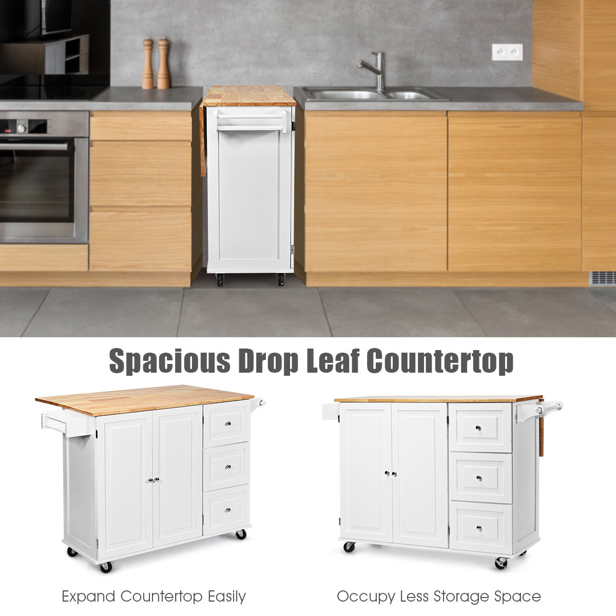 Kitchen Island Trolley with 3 Drawers & Adjustable Shelves