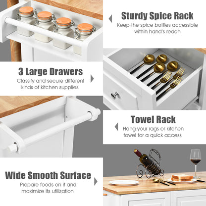 Kitchen Island Trolley with 3 Drawers & Adjustable Shelves