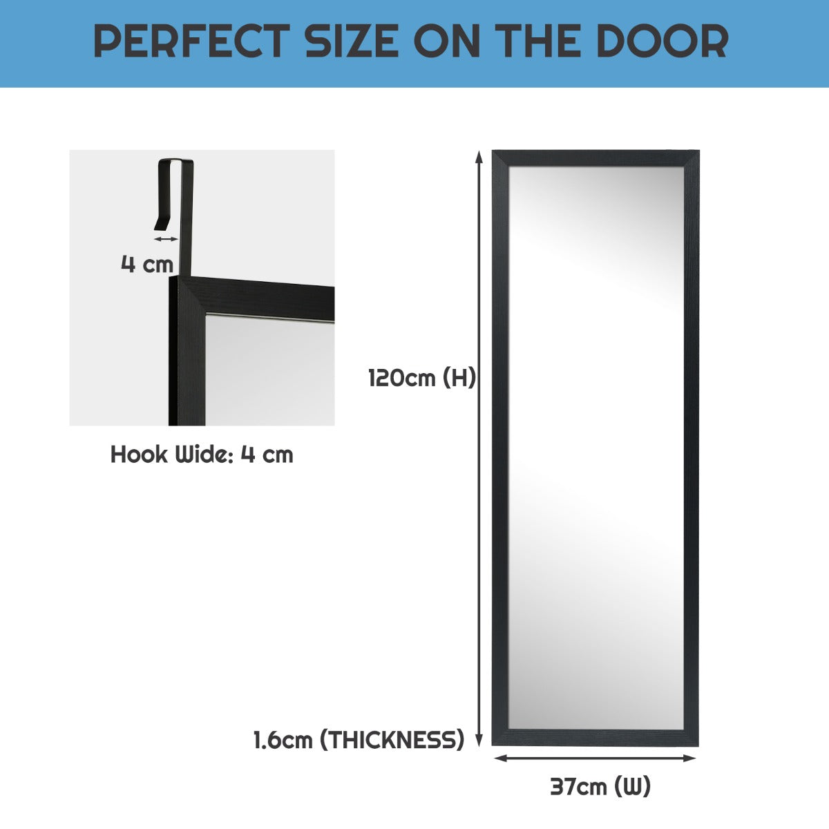 Wall Mounted Dressing Mirror with Hanging Hooks for Bedroom Black