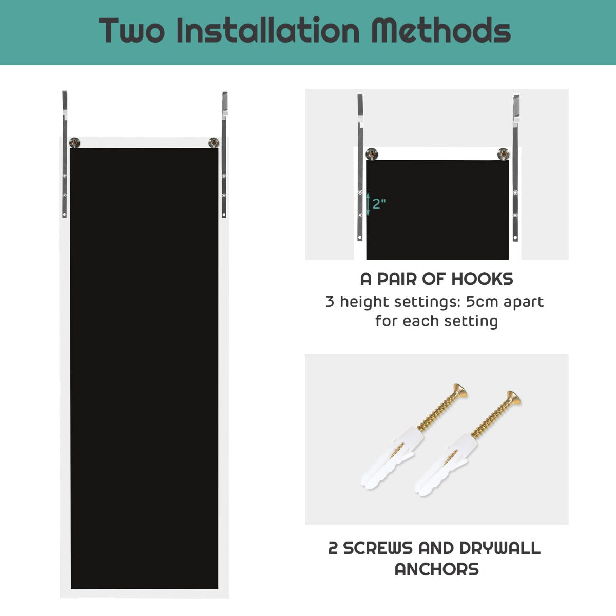 Costway Wall Mounted Dressing Mirror with Hanging Hooks for Bedroom White