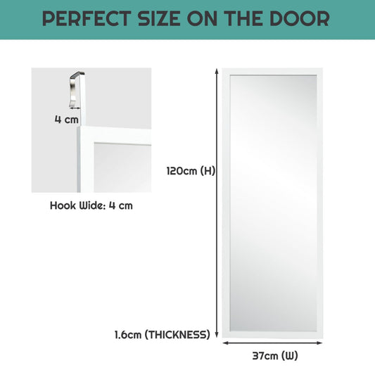 Wall-Mounted Full-Length Mirror with Hooks for Bedroom, 120x37cm, White
