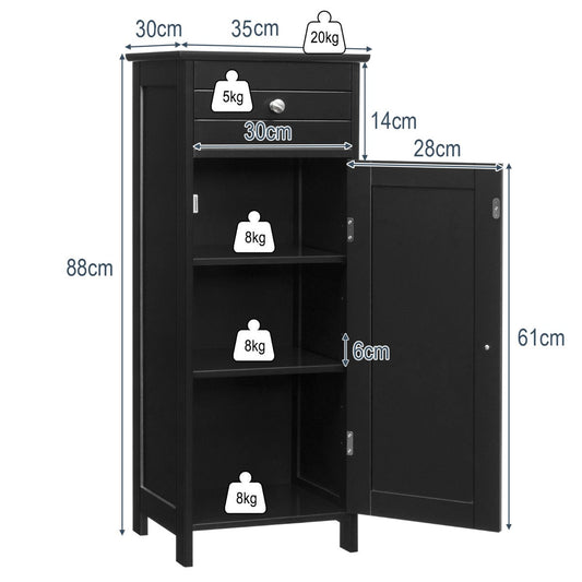 Freestanding bathroom floor cabinet with drawer, single-door cupboard and adjustable shelves for storage