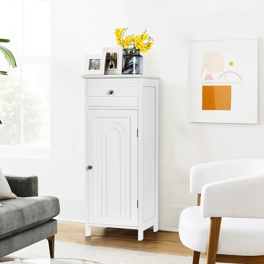 Costway Floor Cabinet with Practical Drawer and 3-level Adjustable Shelves for Living Room/Bedroom-White