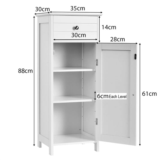 White bathroom floor cabinet with drawer, single door, adjustable shelves and metal knob