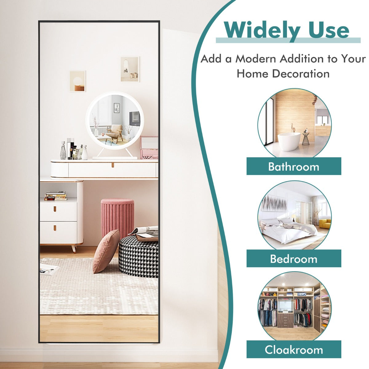 Full Length Mirror with Black Aluminum Frame, 1.5m x 0.56m, Explosion-Proof Glass