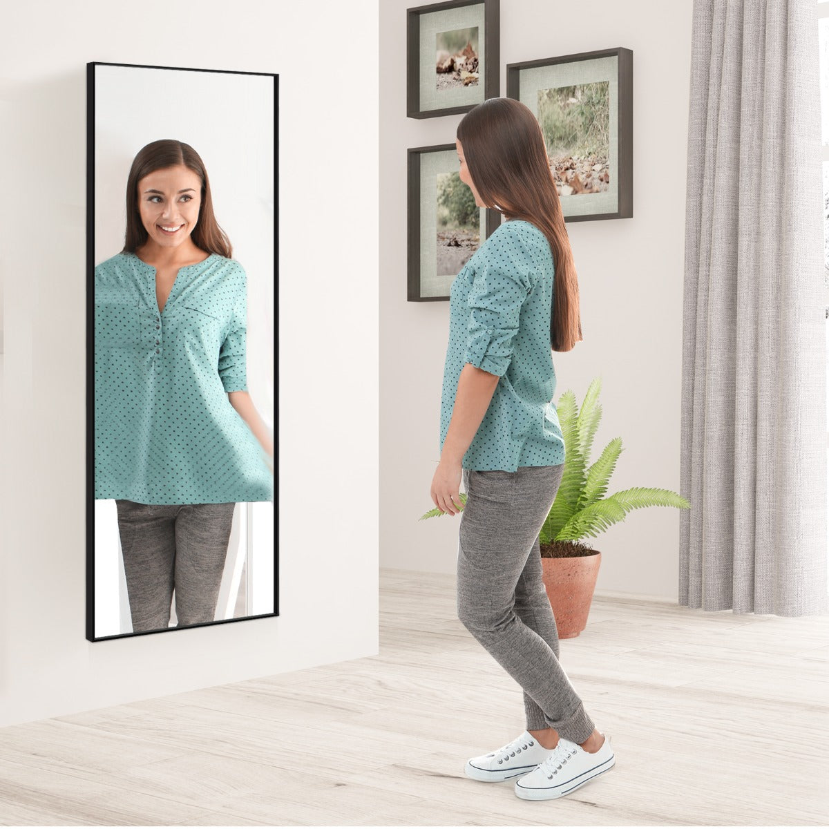 Full Length Mirror with Black Aluminum Frame, 1.5m x 0.56m, Explosion-Proof Glass