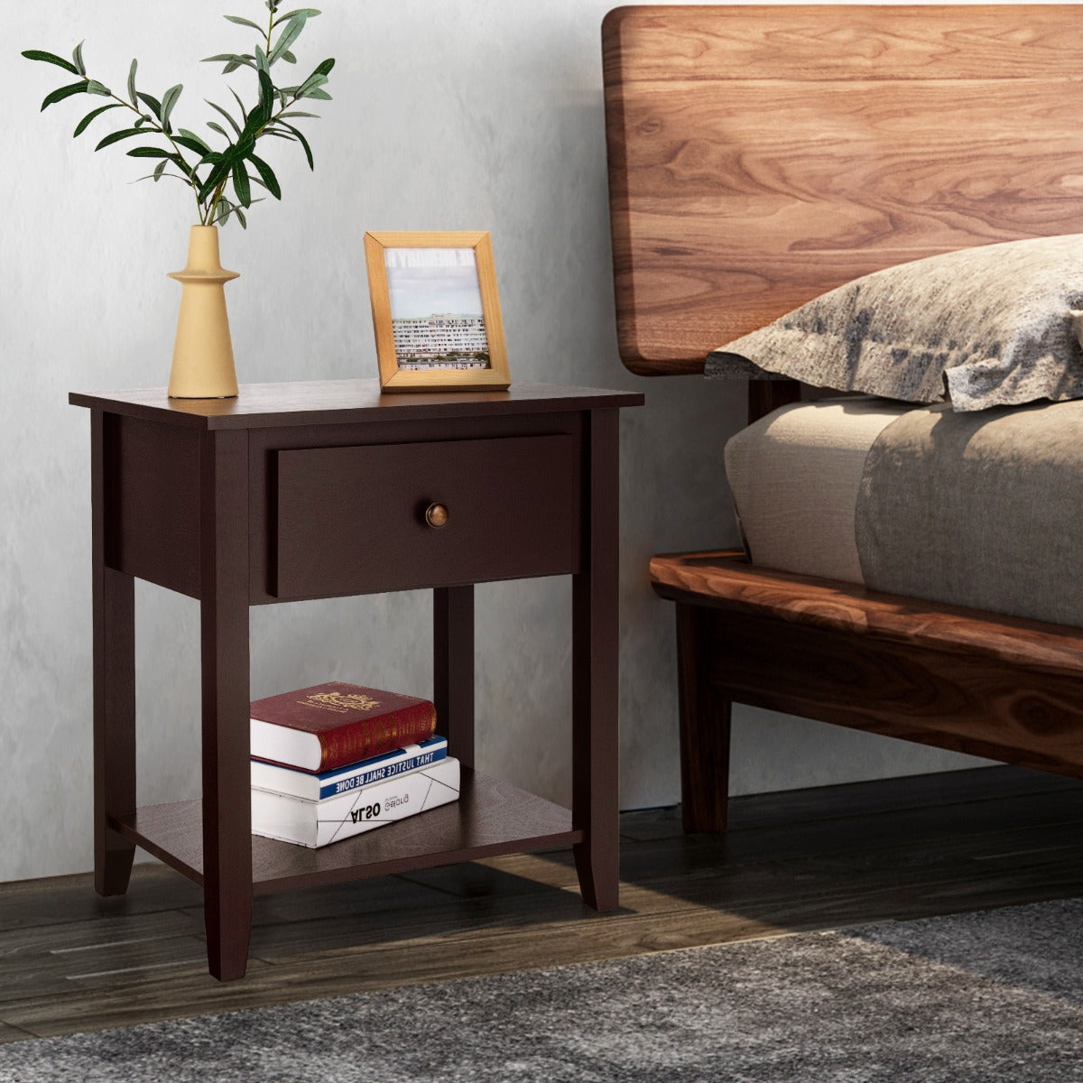 Costway Bedside Tables with Drawer and Storing Shelf for Bedroom/Living Room/Bathroom/Office-Coffee-1 piece