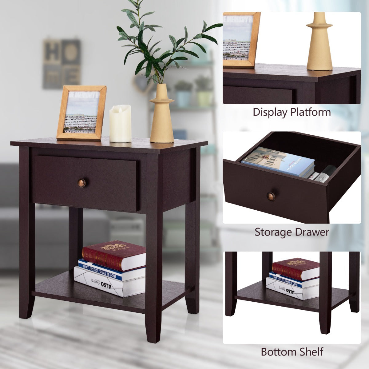 Costway Bedside Tables with Drawer and Storing Shelf for Bedroom/Living Room/Bathroom/Office-Coffee-1 piece