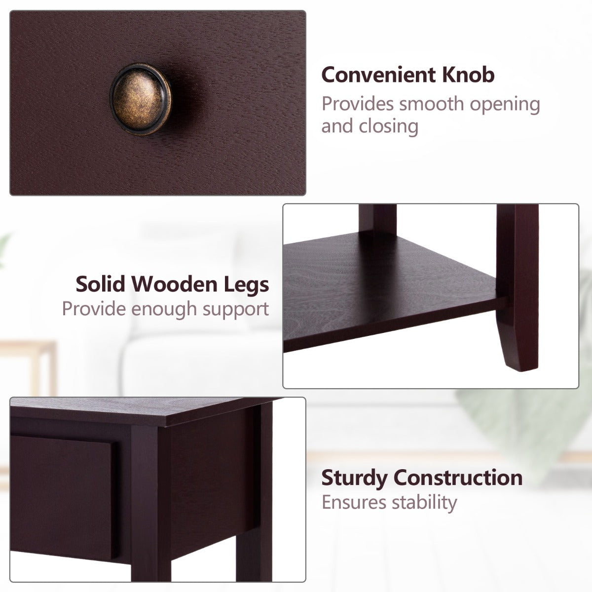 Costway Bedside Tables with Drawer and Storing Shelf for Bedroom/Living Room/Bathroom/Office-Coffee-1 piece
