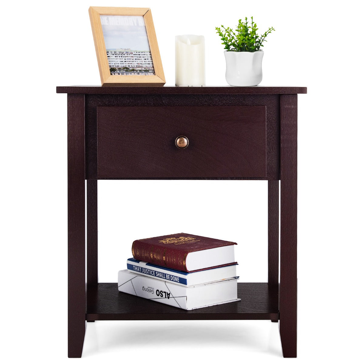 Costway Bedside Tables with Drawer and Storing Shelf for Bedroom/Living Room/Bathroom/Office-Coffee-1 piece