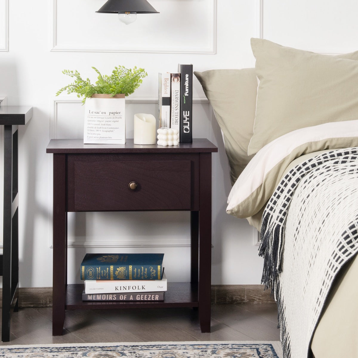 Costway Bedside Tables with Drawer and Storing Shelf for Bedroom/Living Room/Bathroom/Office-Coffee-1 piece
