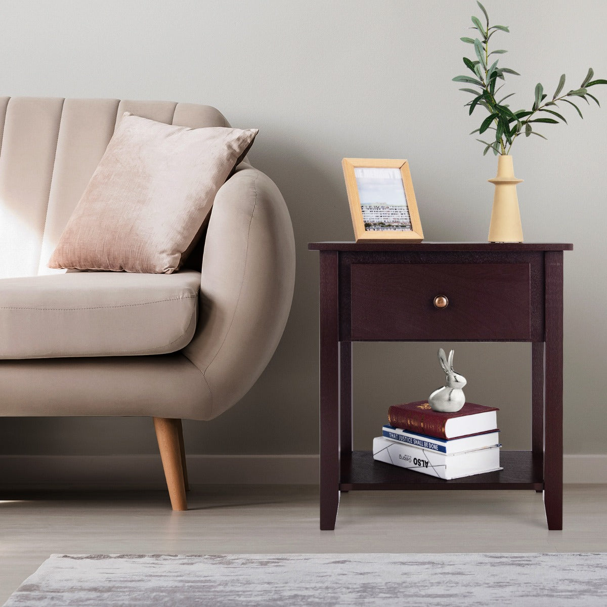 Four solid wooden legs provide stable support for the table, drawer contents, and lower shelf