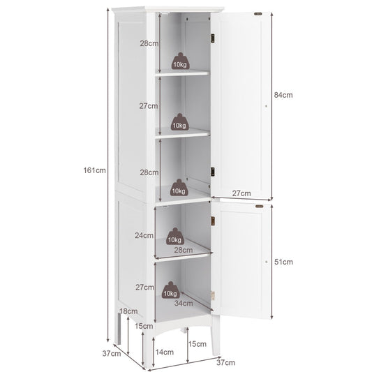Tall black bathroom storage cabinet with five shelves, two shutter doors, elevated feet, and modern style