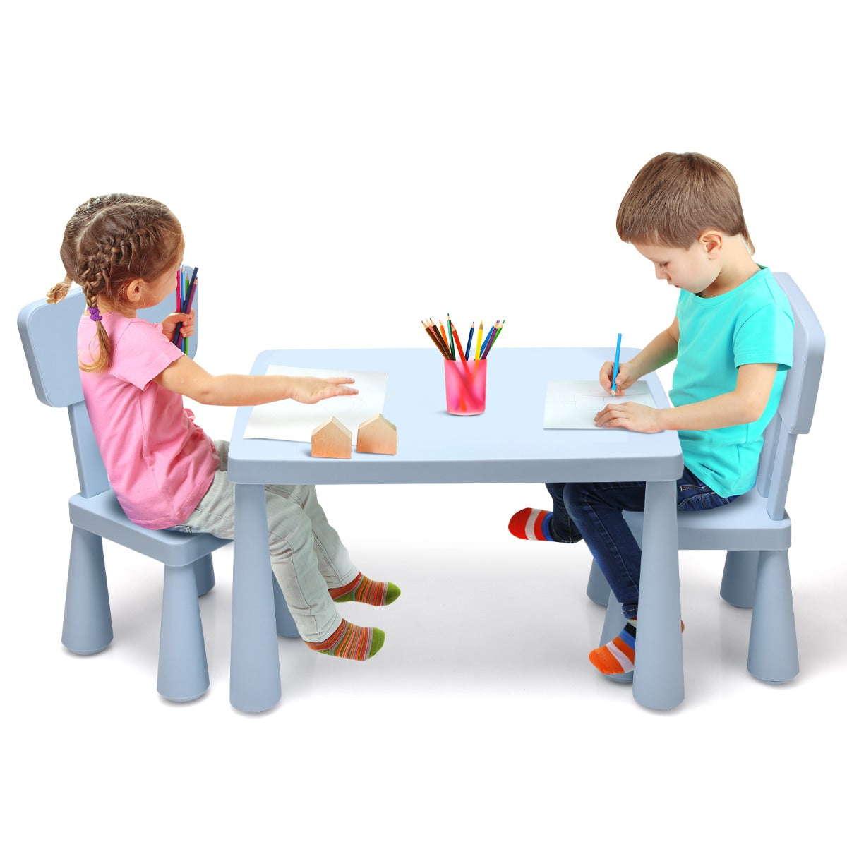Costway 3 Pieces Kids Table and 2 Chairs Set for Reading