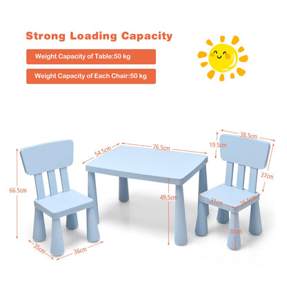 Colorful PP kids table and two chairs set with spacious tabletop, rounded edges, ergonomic seating, and easy-clean surfaces