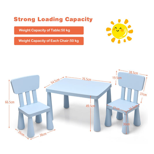 Colorful PP kids table and two chairs set with spacious tabletop, rounded edges, ergonomic seating, and easy-clean surfaces