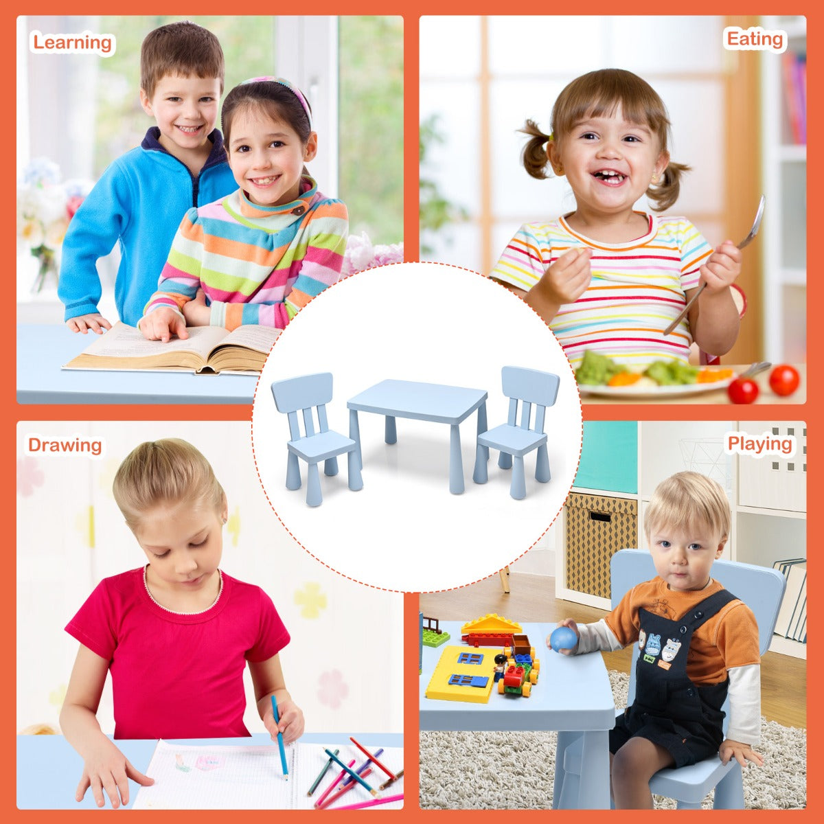 Costway 3 Pieces Kids Table and 2 Chairs Set for Reading