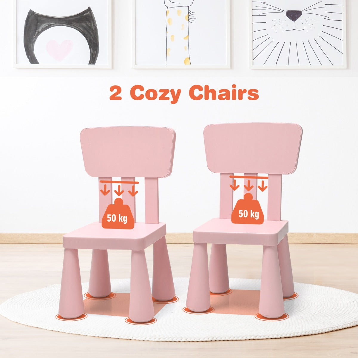 Bright children's table set includes one table and two chairs for sharing, learning, and imaginative play