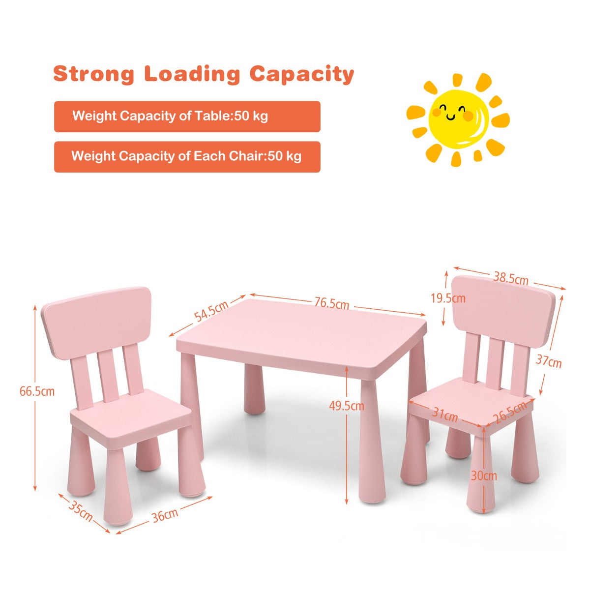 Kids table and two chairs set creates a comfortable space for homework, drawing, snacks, crafts, and play