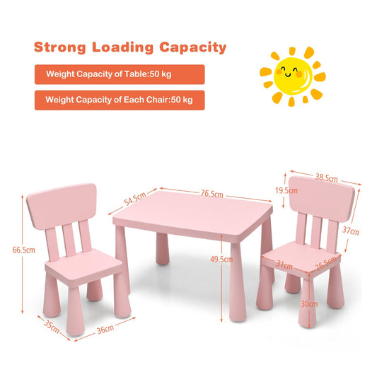 Kids table and two chairs set creates a comfortable space for homework, drawing, snacks, crafts, and play