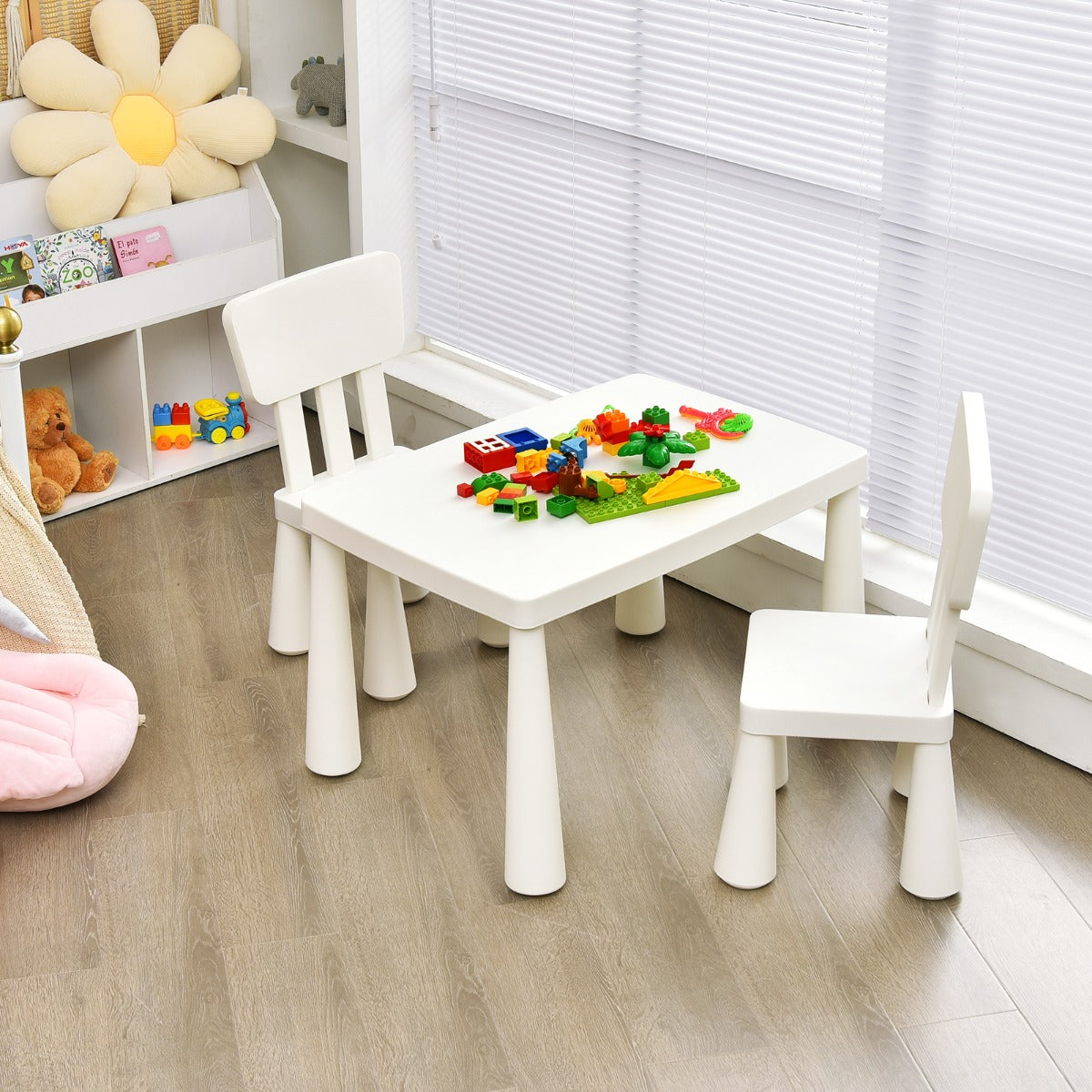 Rounded table edges and smooth surfaces help create a safer activity area for children ages one through seven