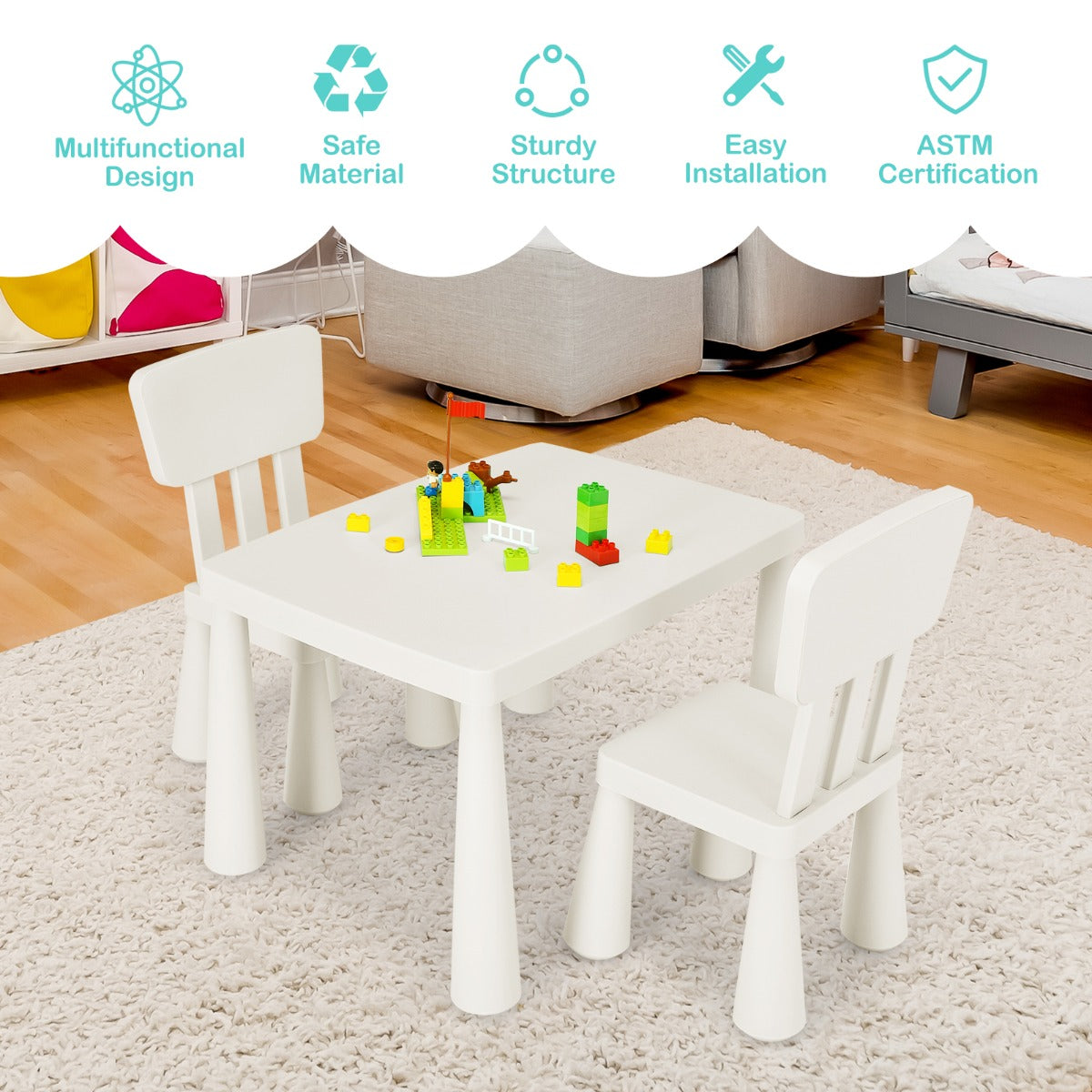 Spacious 76.5 by 54.5-centimeter tabletop holds books, pencils, toys, snacks, and other children’s essentials