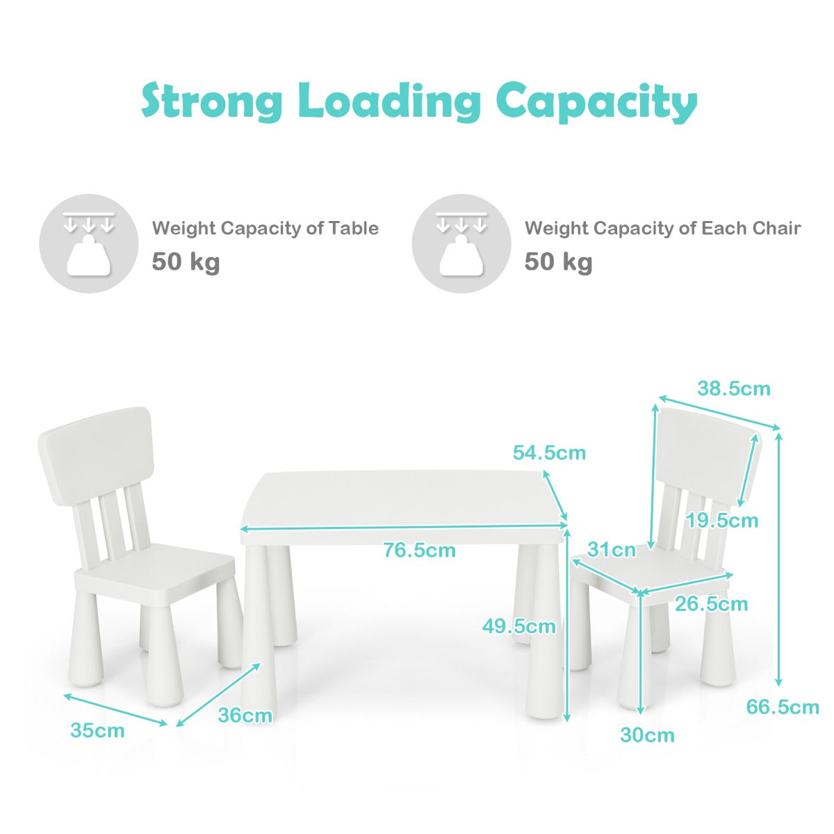 Colorful PP kids table and two chairs set with spacious tabletop, rounded edges, ergonomic seating, and easy-clean surfaces