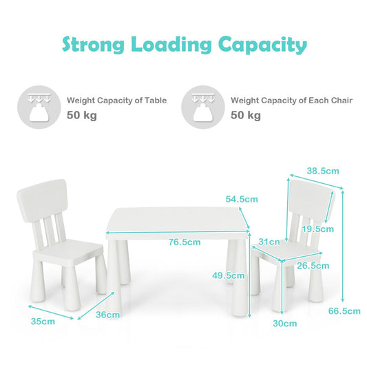 Colorful PP kids table and two chairs set with spacious tabletop, rounded edges, ergonomic seating, and easy-clean surfaces