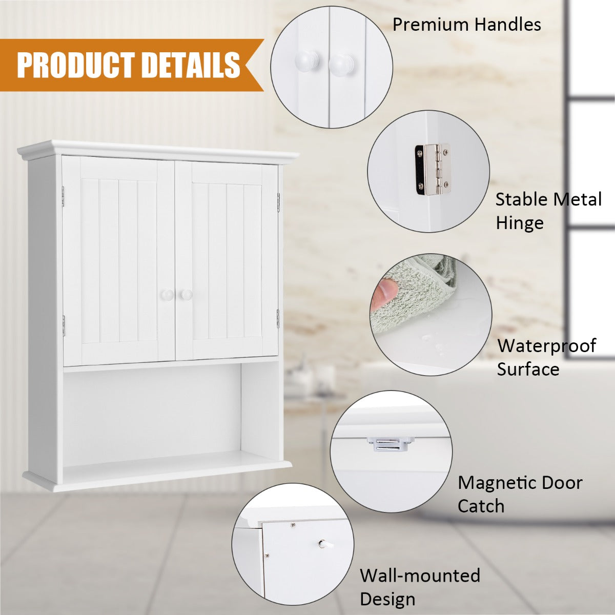 Multi-Purpose Wall Cabinet Storage with 2-Door for Bathroom White