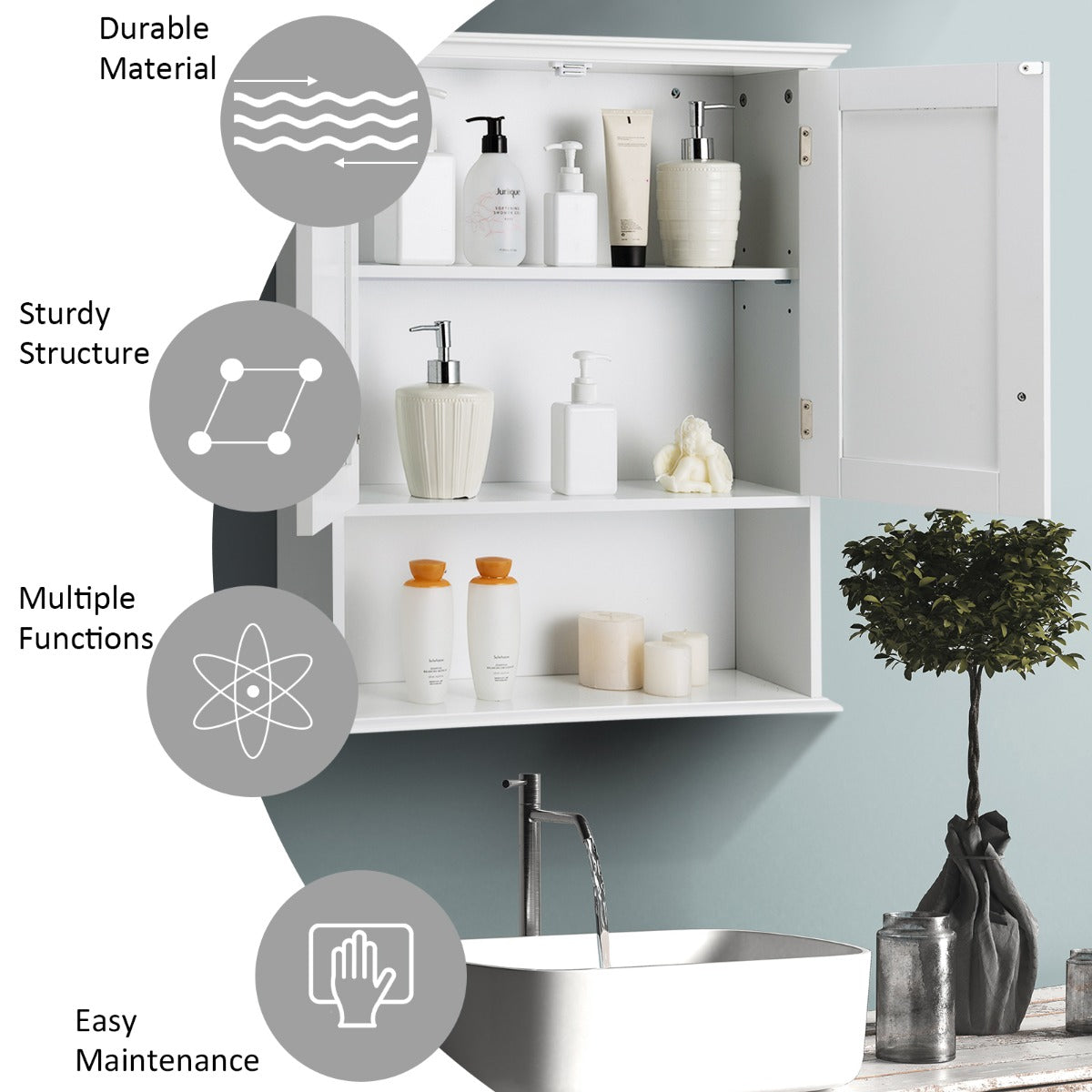 Multi-Purpose Wall Cabinet Storage with 2-Door for Bathroom White