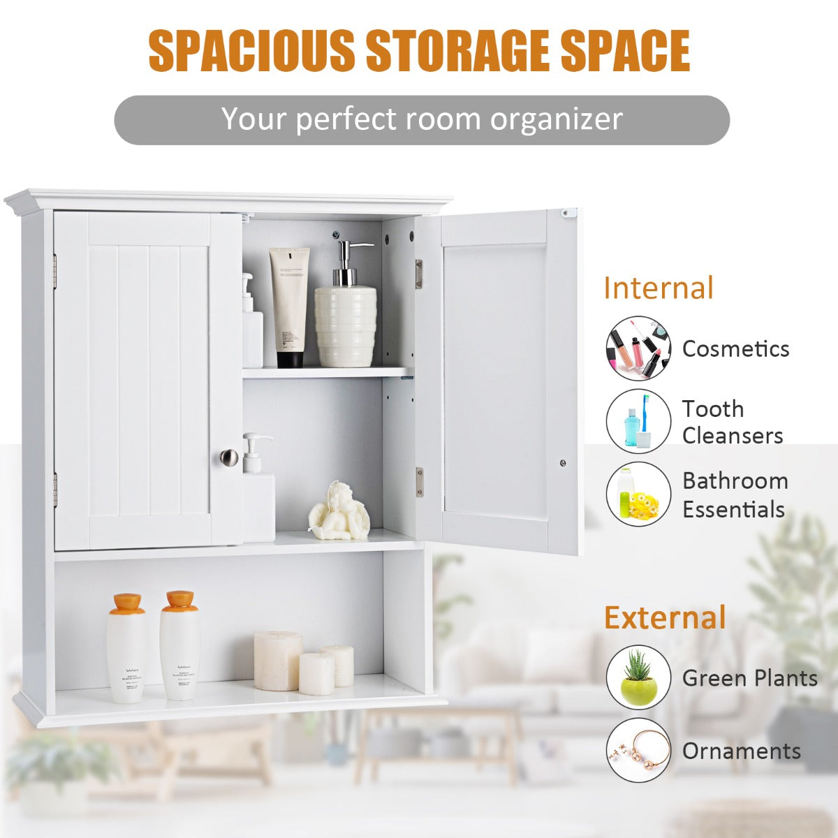 Multi-Purpose Wall Cabinet Storage with 2-Door for Bathroom White