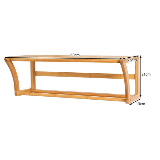 Natural bamboo wall-mounted towel rack with shelf and bar for organized bathroom or entryway storage