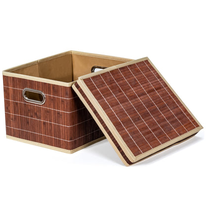 Set of 2 Folding Bamboo Storage Boxes with Removable Lids &amp; Handles-Coffee