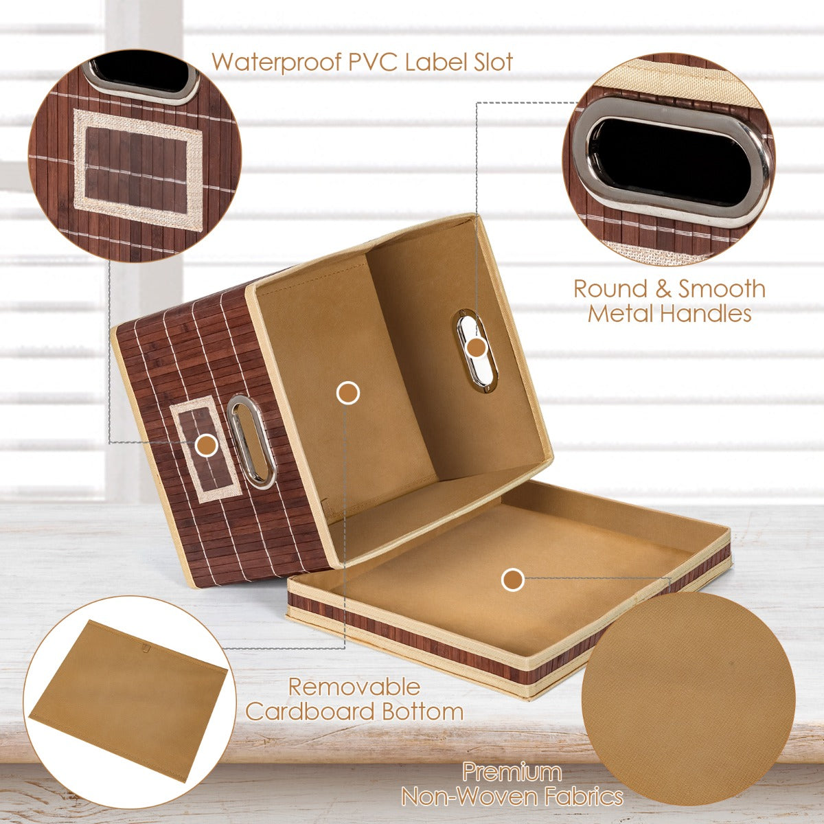 Set of 2 Folding Bamboo Storage Boxes with Removable Lids &amp; Handles-Coffee