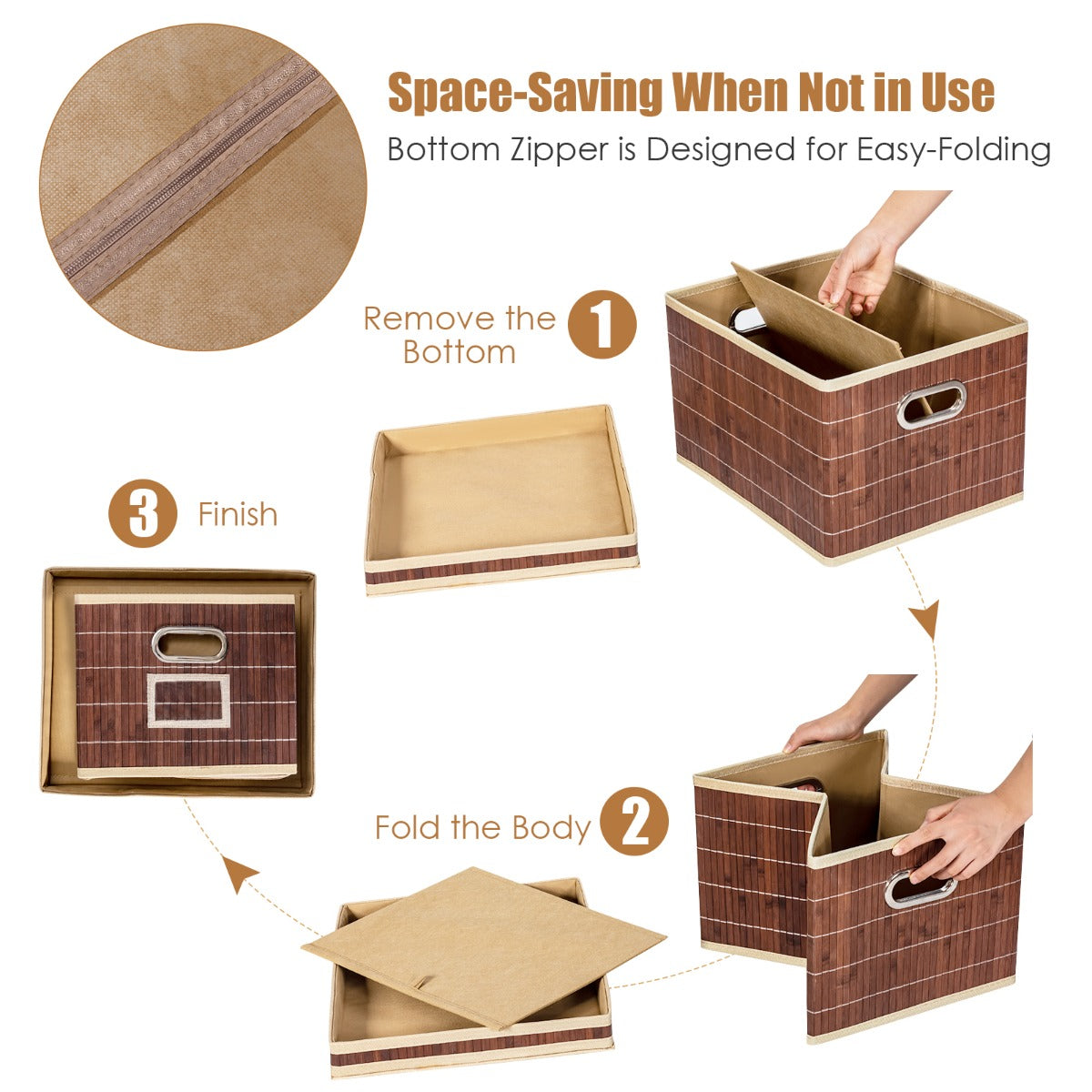 Set of 2 Folding Bamboo Storage Boxes with Removable Lids &amp; Handles-Coffee