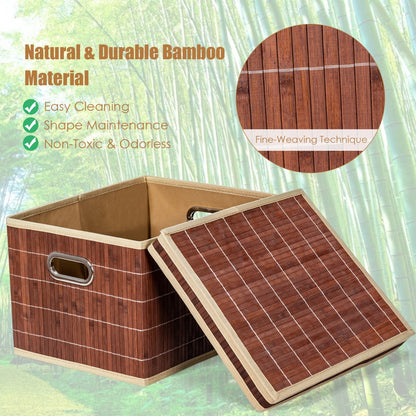 Set of 2 Folding Bamboo Storage Boxes with Removable Lids &amp; Handles-Coffee