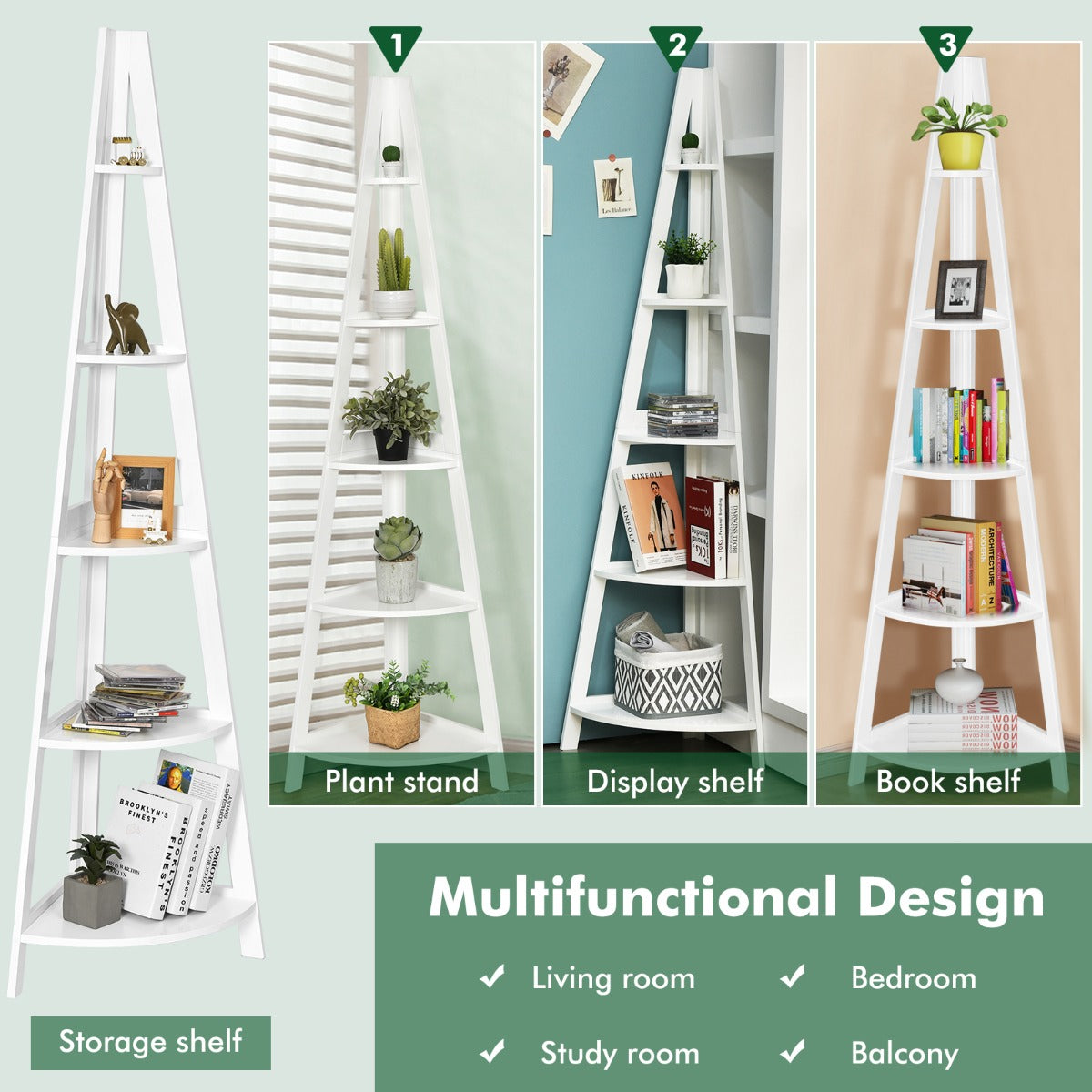 Modern Corner Bookcase and Shelf with Strong Wooden Frame for Office