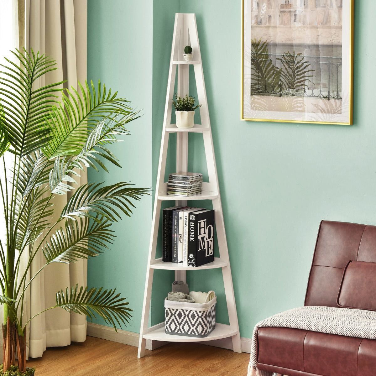 Modern Corner Bookcase and Shelf with Strong Wooden Frame for Office