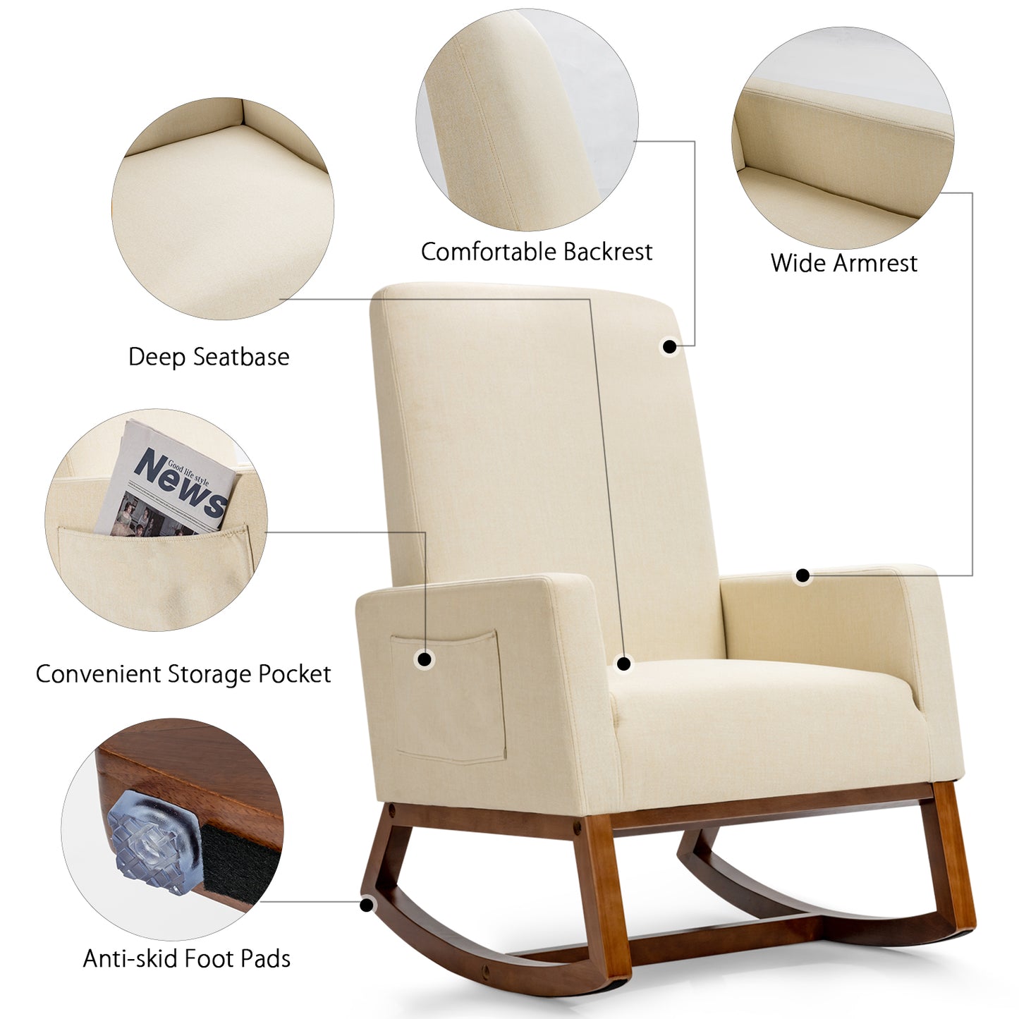 Modern Rocking Chair with Rubber Wood Base for Living Room-Beige
