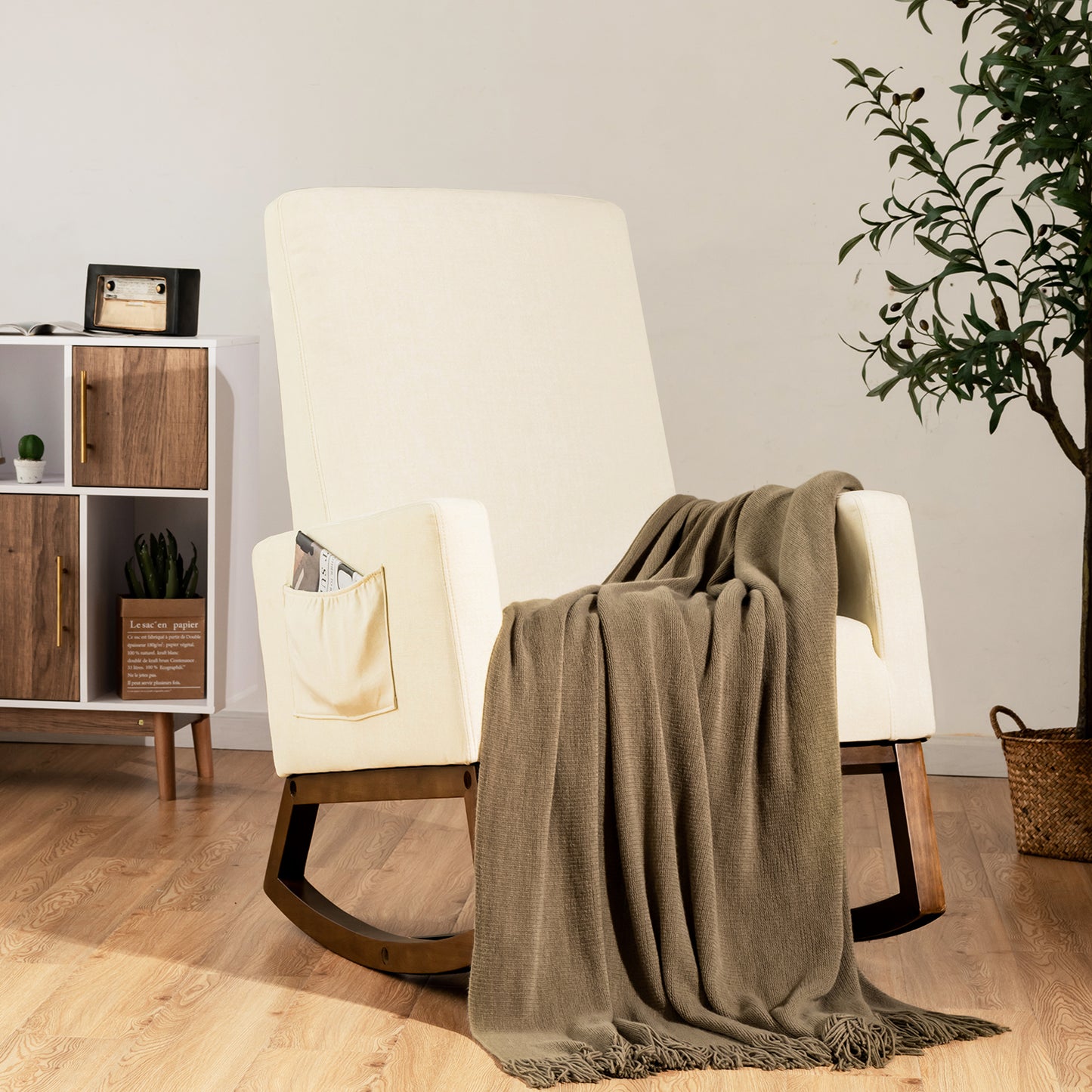 Modern Rocking Chair with Rubber Wood Base for Living Room-Beige