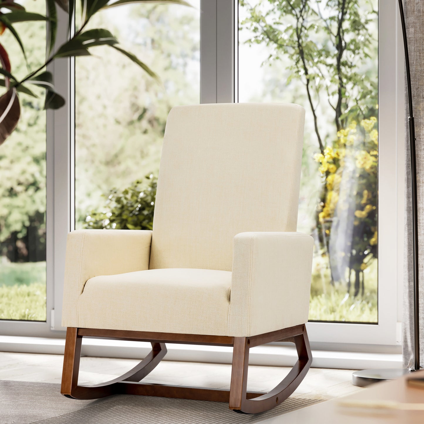 Modern Rocking Chair with Rubber Wood Base for Living Room-Beige